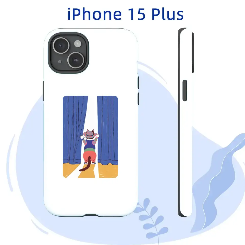 Personalized iPhone 15 Plus case featuring a colorful cat curiously pulling open a blue curtain, ready to explore.