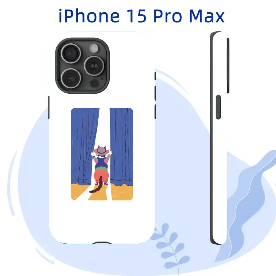 Personalized iPhone 15 Pro Max case with colorful cat curiously pulling open a curtain, exploring beyond.