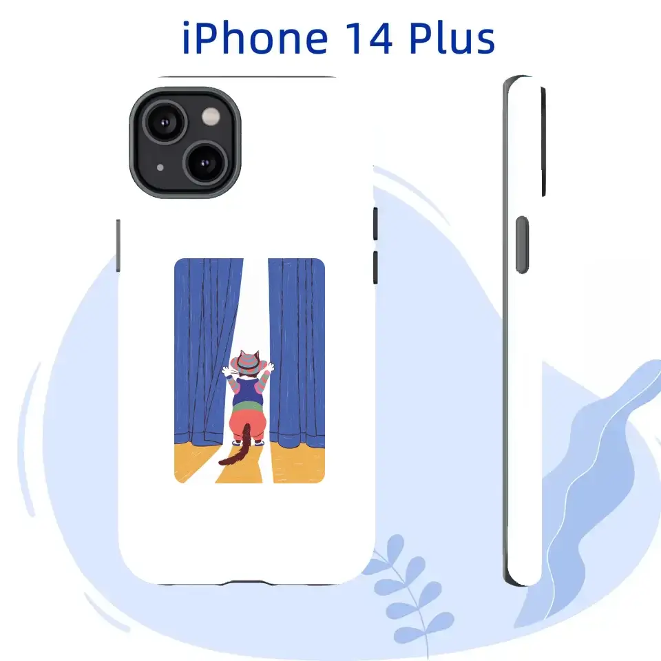 Personalized iPhone 14 Plus case with a curious cat pulling open a blue curtain, exploring the world beyond in colorful design.