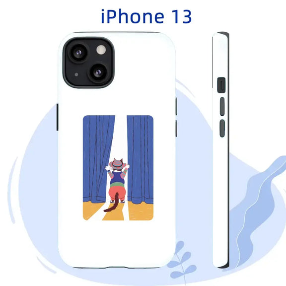 Personalized iPhone 13 tough case featuring a colorful cat curiously pulling open a blue curtain.