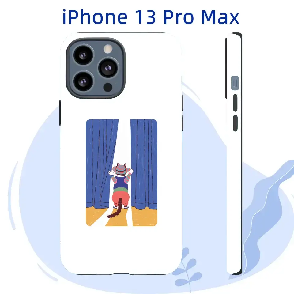 Personalized iPhone 13 Pro Max case with colorful cat pulling open a curtain, exploring curiosities.