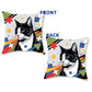 Pop Art-style pillow with black-and-white cat illustration, colorful geometric shapes, and bold modern art design.