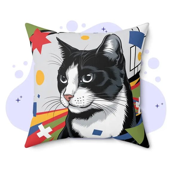 Pop Art-style pillow featuring black-and-white cat with vibrant geometric shapes in red, yellow, blue, and green.