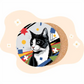 Pop Art-style coaster featuring a black-and-white cat with wide eyes and colorful geometric shapes on a minimalist background.