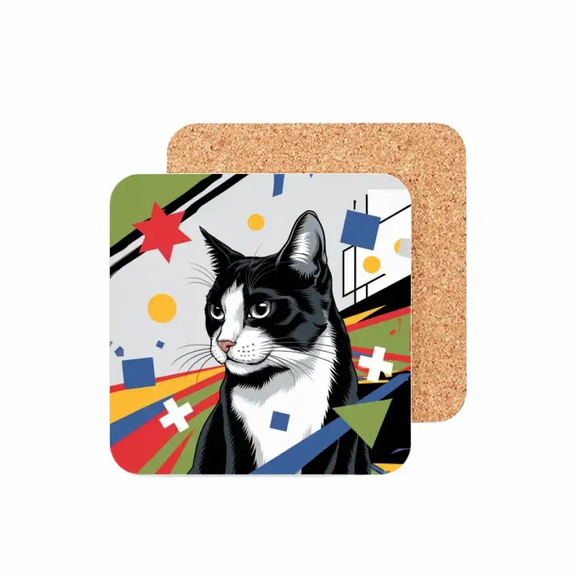 Pop Art-style cat coaster with black-and-white cat, vibrant geometric shapes, red stars, yellow circles, and blue squares.