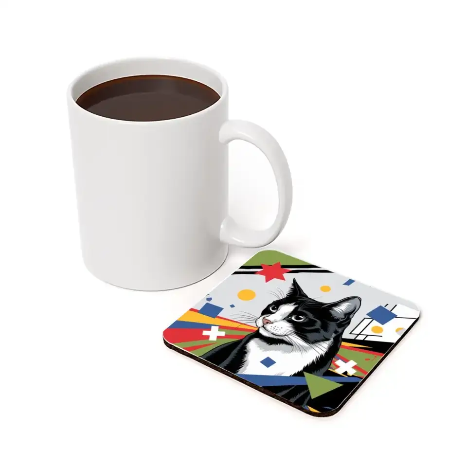 Pop Art-style cat coaster with colorful geometric shapes next to a white coffee mug.