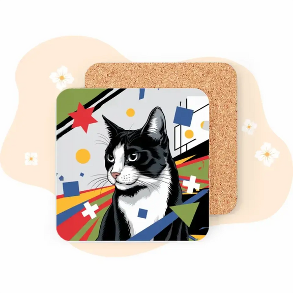 Pop Art-style coaster with black-and-white cat illustration, geometric shapes in red, yellow, blue, green, and minimalist background.