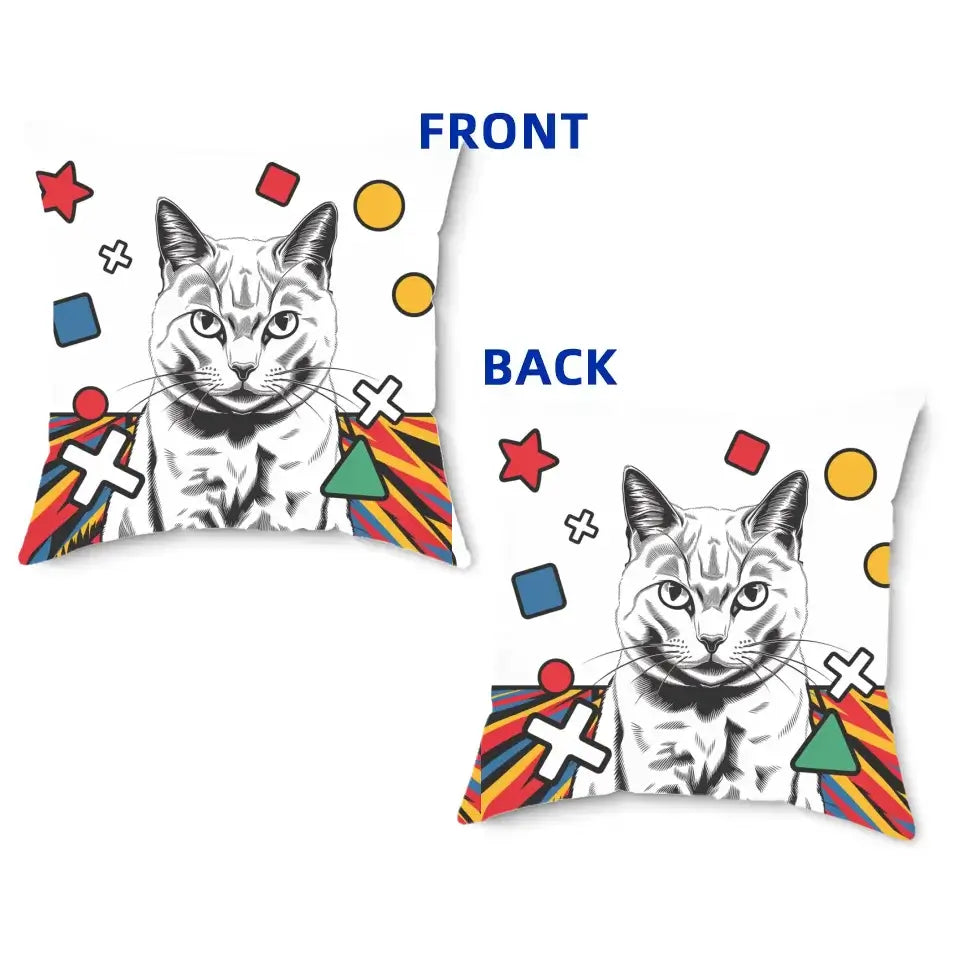 Black and white cat illustration pillow with pop art design, features geometric shapes like red stars, yellow circles, and blue squares.