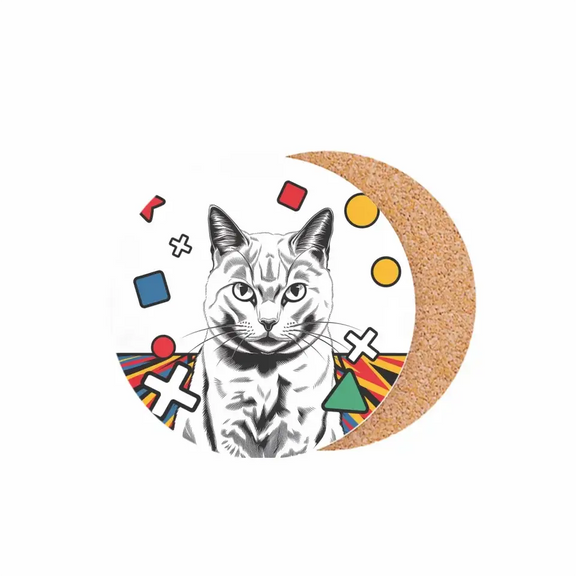 Pop Art coaster featuring black and white cat illustration with colorful geometric shapes on cork backing.