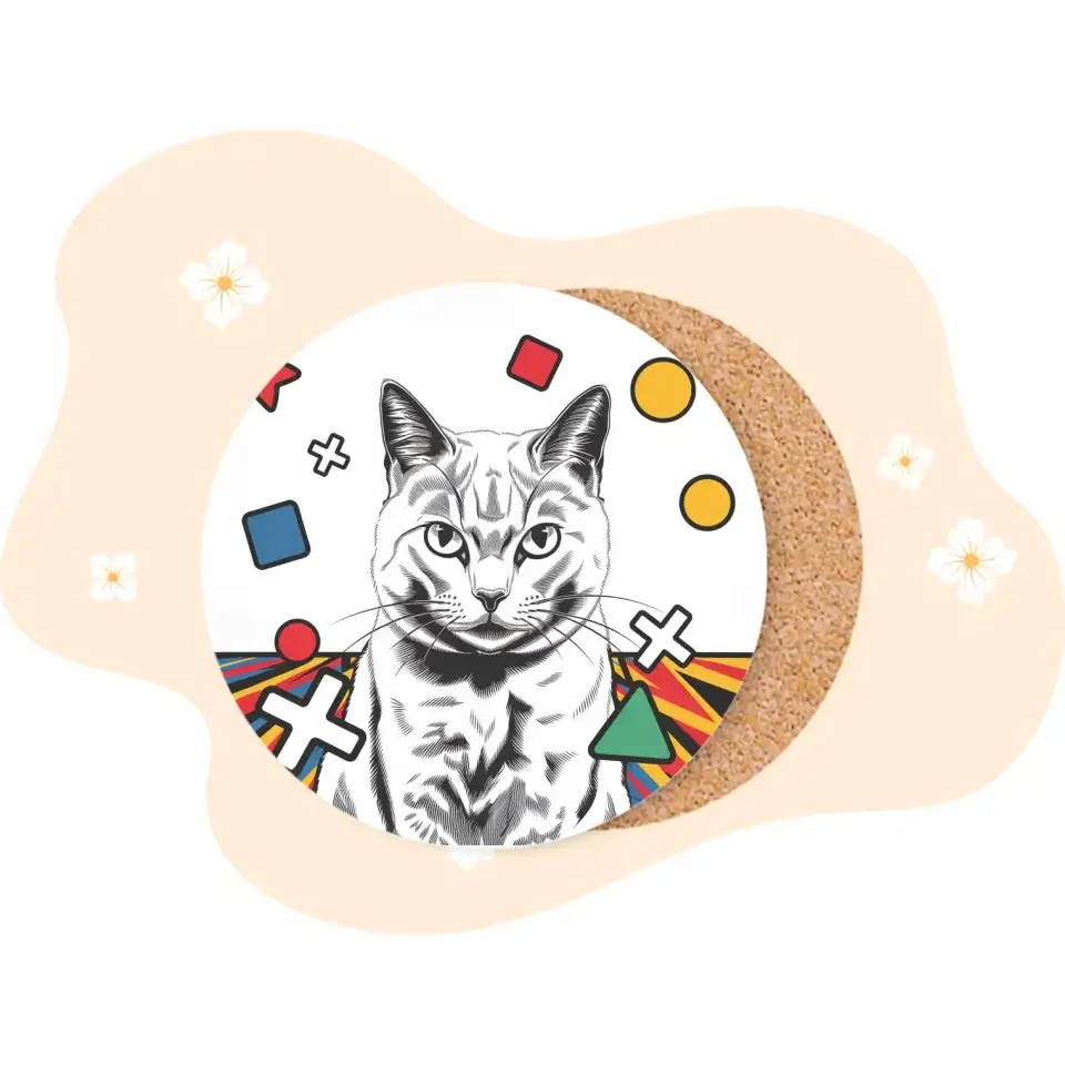 Pop Art cat illustration coaster featuring black and white line art with colorful geometric shapes like stars and circles.