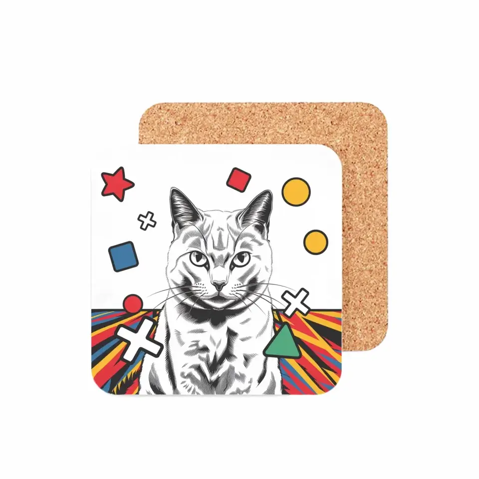 Pop Art black and white cat coaster with geometric shapes in red, yellow, blue, white, and green on a vibrant background.