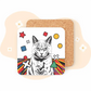 Pop Art coaster with black and white cat illustration, colorful geometric shapes, and cork backing.