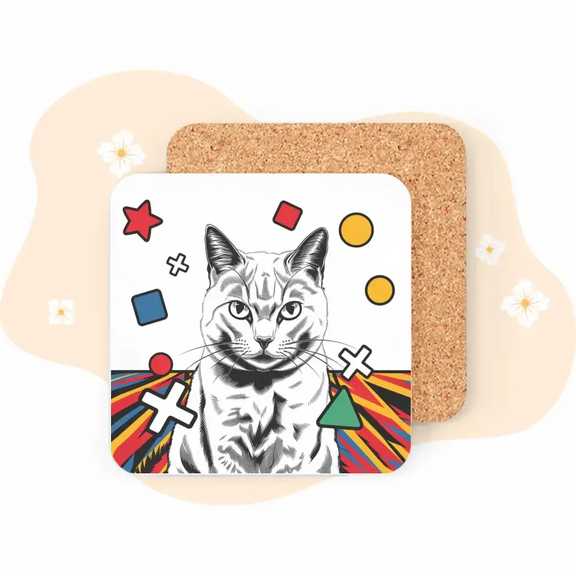 Pop Art coaster with black and white cat illustration, colorful geometric shapes, and cork backing.