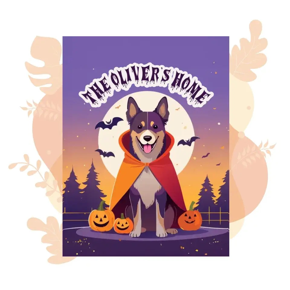 Halloween-themed dog illustration with bats and pumpkins in front of a full moon, featuring a cape and "The Oliver's Home" text.