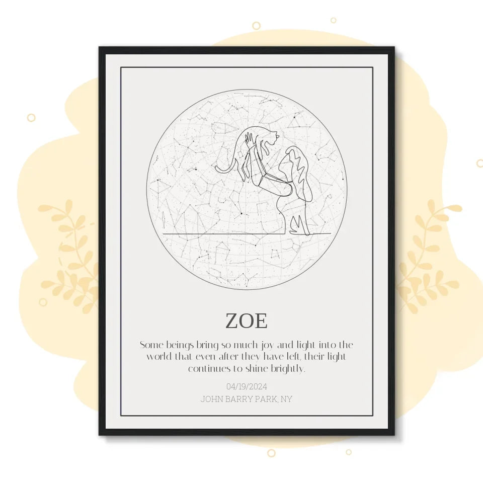 Personalized cat memorial star chart gift with constellation design honoring a pet named Zoe.