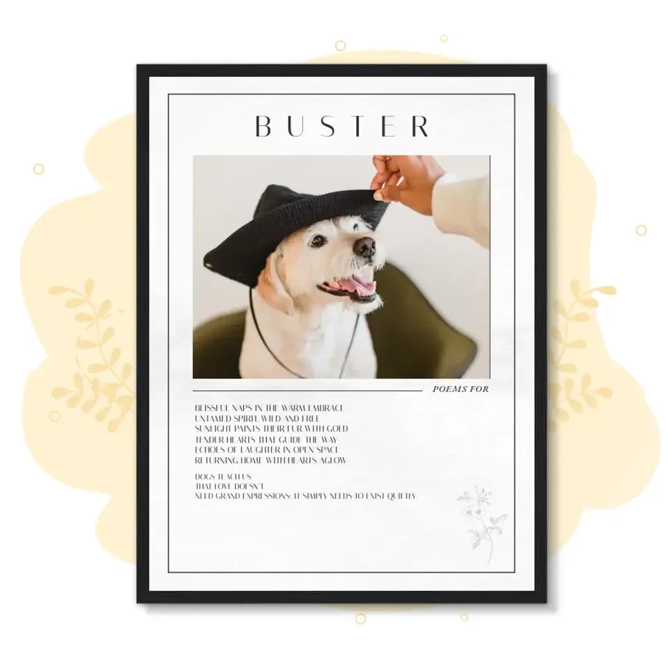 Custom dog name poem frame with a photo of a dog wearing a hat, personalized gift for pet lovers.