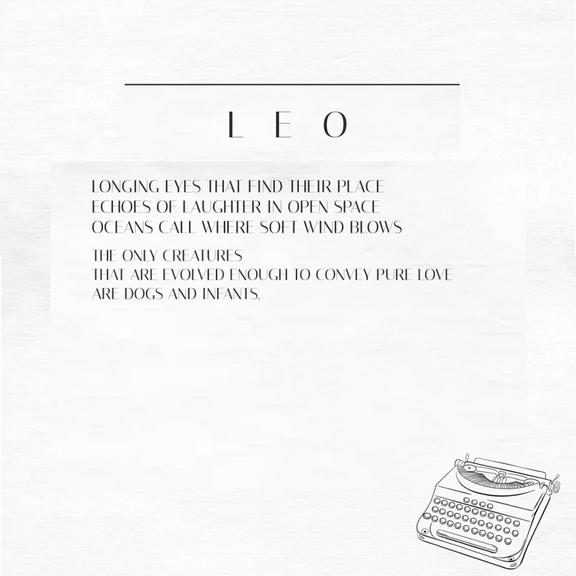 Custom dog name poem featuring "Leo" with typewriter illustration, highlighting the bond between dogs and pure love.