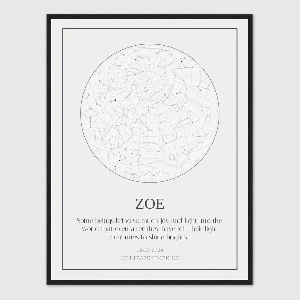 Personalized cat memorial star chart with custom name ZOE and touching quote honoring pet's memory.