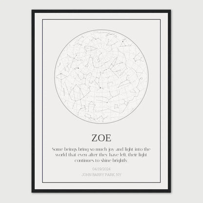 Personalized cat memorial star chart with custom name ZOE and touching quote honoring pet's memory.