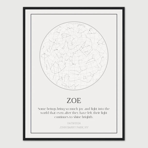 Personalized cat memorial star chart with custom name ZOE and touching quote honoring pet's memory.