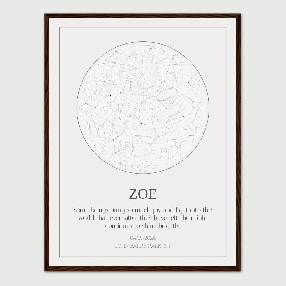 Personalized cat memorial star chart framed, featuring constellation map and tribute message for pet Zoe.