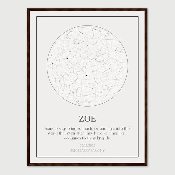 Personalized cat memorial star chart framed, featuring constellation map and tribute message for pet Zoe.