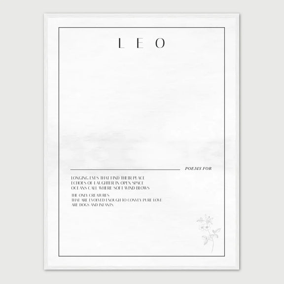 Custom dog name poem frame featuring a personalized poem for "Leo" with a simple design and elegant typography.