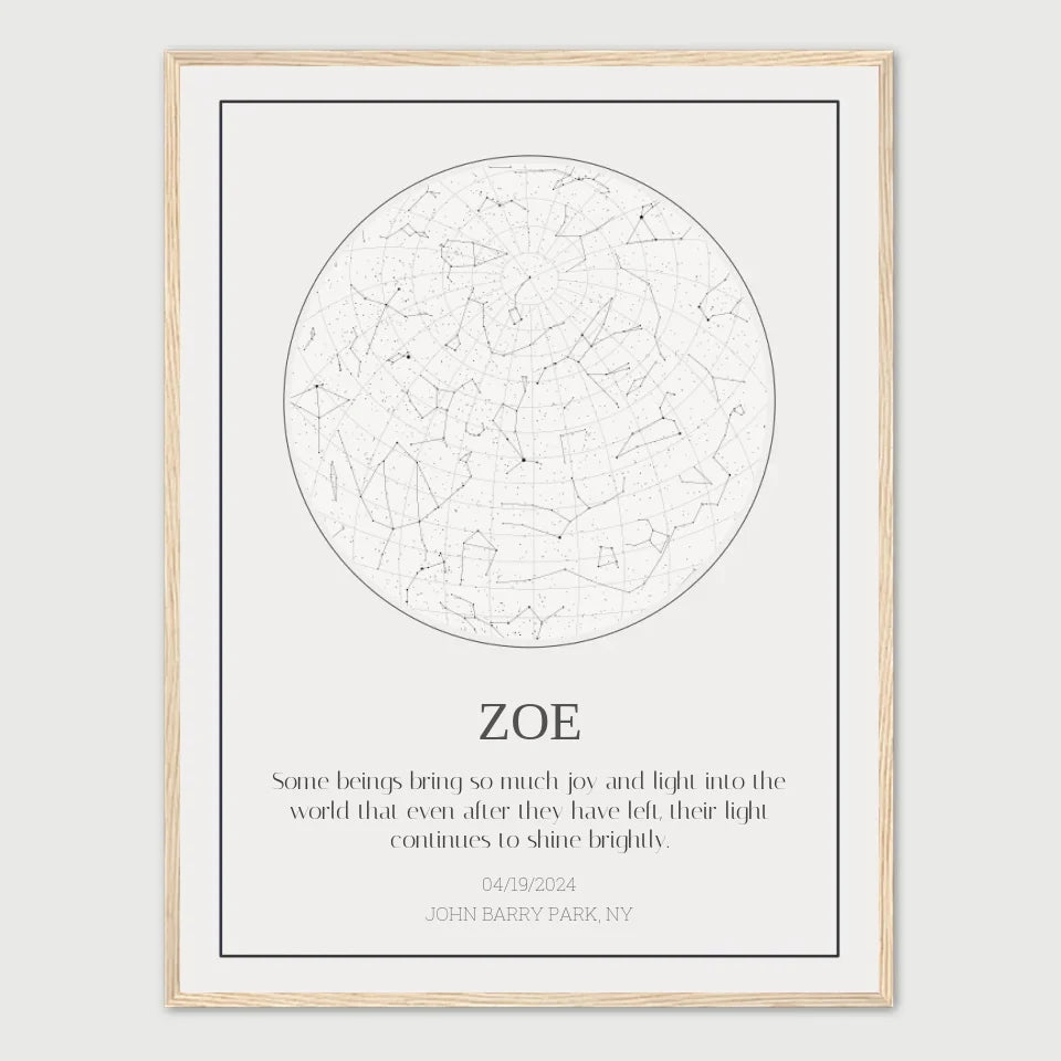 Personalized pet memorial star chart in a wooden frame with custom name Zoe and sentimental quote.