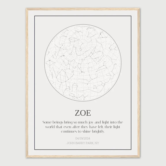 Personalized pet memorial star chart in a wooden frame with custom name Zoe and sentimental quote.