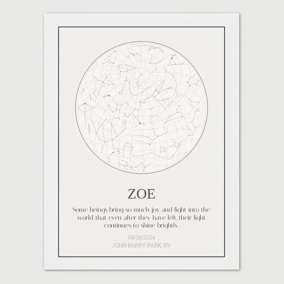 Personalized cat memorial star chart with name Zoe, honoring a beloved pet with a celestial map and heartfelt message.