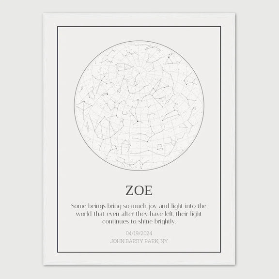 Personalized cat memorial star chart with name Zoe, honoring a beloved pet with a celestial map and heartfelt message.