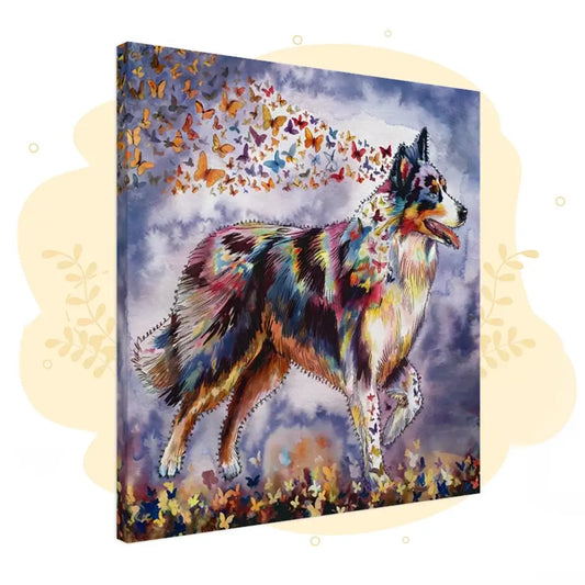 Watercolor painting of an Australian Shepherd with butterflies, from the Wings of Life Series, showcasing vibrant colors and lifelike details.