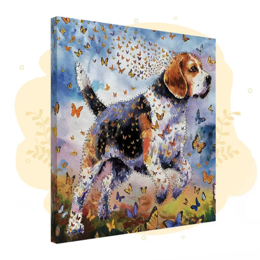 Beagle watercolor canvas painting with butterflies, part of "Wings of Life Series," showcasing the playful nature and beauty of life.