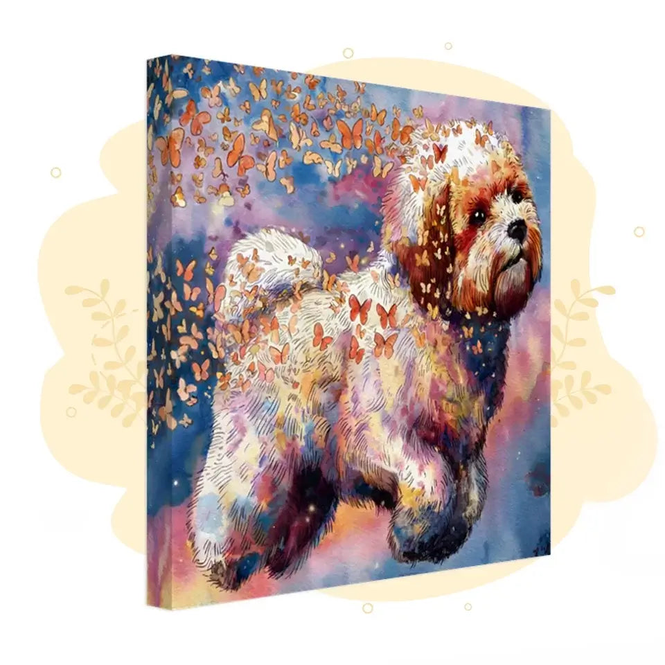 Watercolor Bichon Frise canvas art with butterflies from Wings of Life Series, capturing innocence and beauty of life.