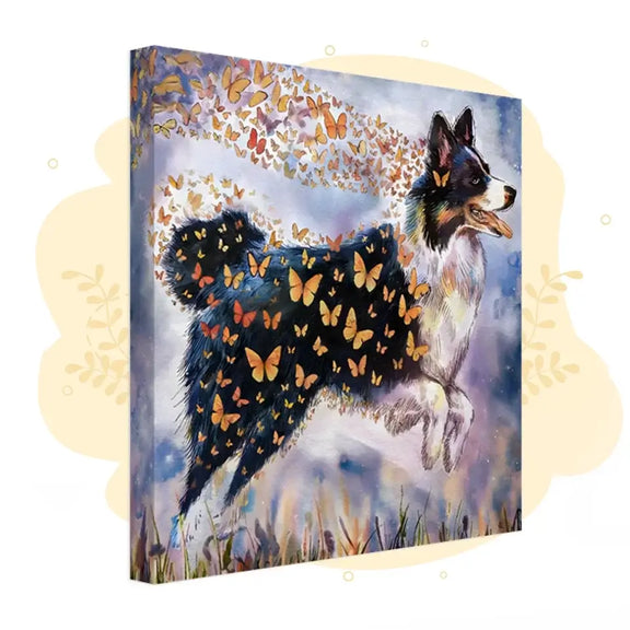 Border Collie canvas print with butterflies, watercolor art from "Wings of Life Series," perfect for wall decor.