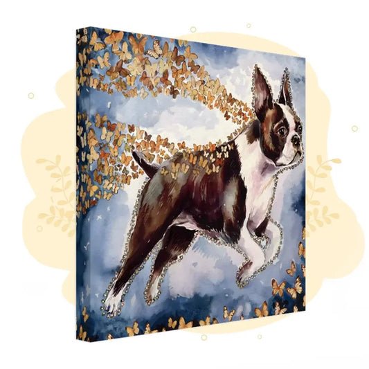 Boston Terrier watercolor painting with butterflies, customizable pet art from the Wings of Life Series.