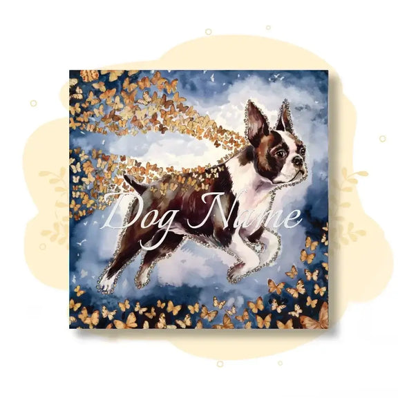 Custom Boston Terrier watercolor painting with butterflies from Wings of Life Series, featuring personalized dog name.