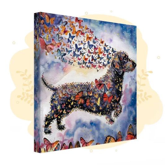 Watercolor canvas of a Dachshund with vibrant butterflies, symbolizing freedom and life, from the "Wings of Life Series". Perfect for gifts.