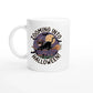 Personalized Halloween ceramic mug with a black cat on a broomstick, flying over a haunted town and full moon, captioned "Zooming into Halloween!"