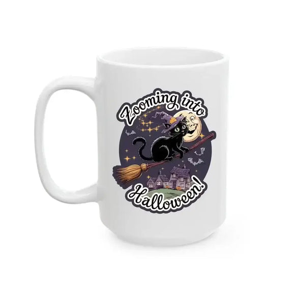 Personalized 15oz Halloween mug with black cat and witch design