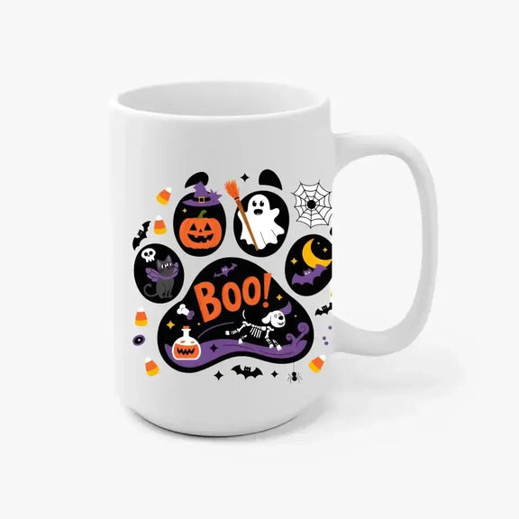 Halloween personalized pet mug with pumpkins, ghosts, and skeletons, perfect for 2024 celebrations.