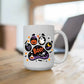 Halloween personalized pet mug with ghost, pumpkin, and black cat designs on a white ceramic, 15oz cup.