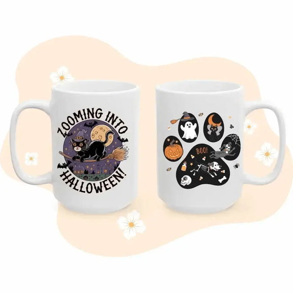 Personalized Halloween pet mug with spooky designs, featuring a black cat and ghost on a 15oz ceramic mug for 2024.