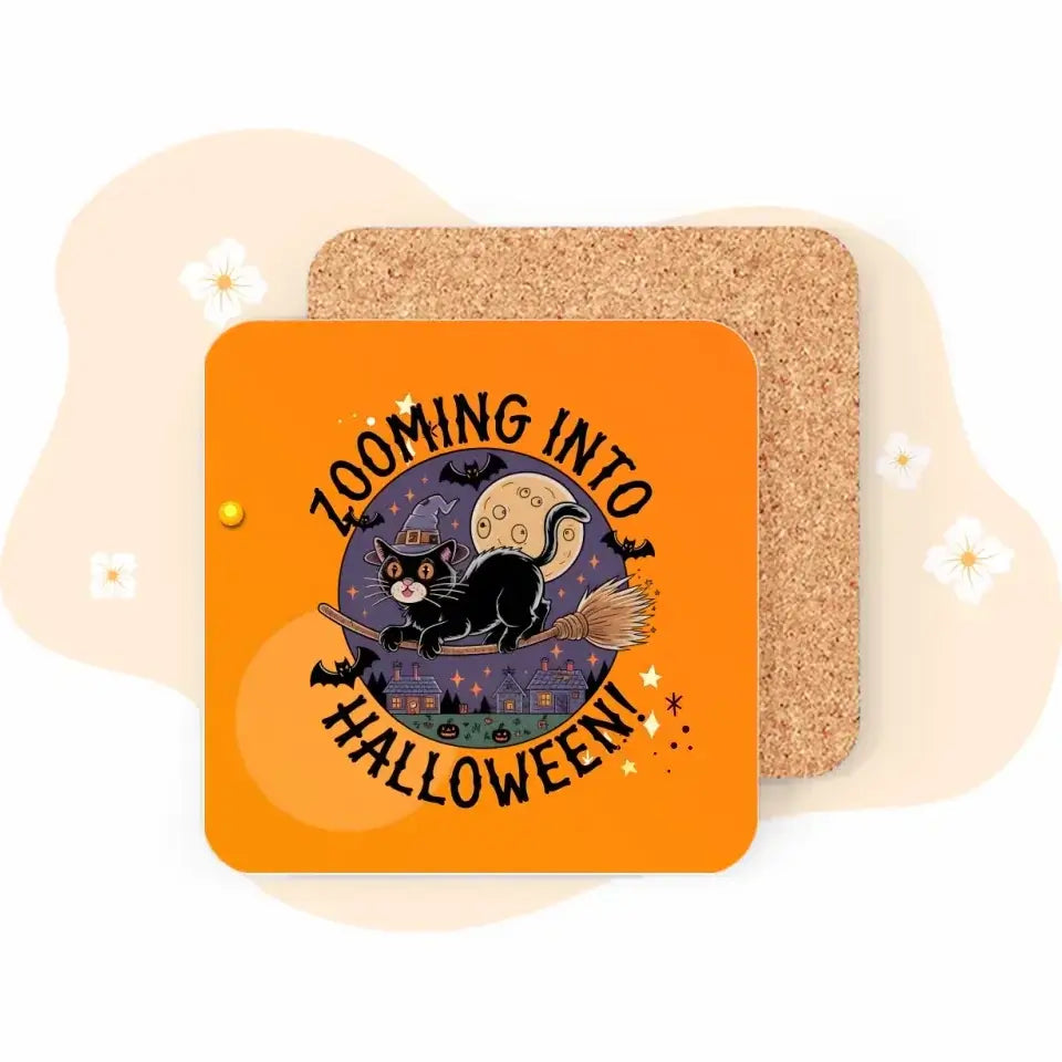 Orange Halloween coaster with black cat on a broomstick design, moon, and haunted village, perfect for spooky personalized pet-themed decor.