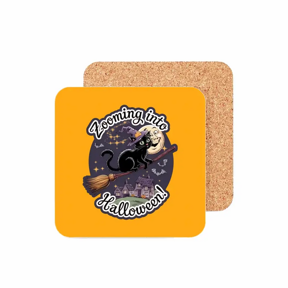 Personalized Halloween pet coaster with black cat on broom design, "Zooming into Halloween!" text, festive and spooky decor.