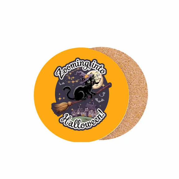 Halloween coaster with black cat on broom, moonlit night, and "Zooming into Halloween" text. Spooky personalized pet decor.