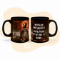 Personalized black cat Halloween coffee mug with moonlit scene and pumpkins, featuring the text "Beware the creatures of the night."