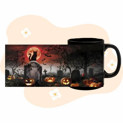 Personalized Black Cat Halloween Coffee Mug with moonlit spooky scene and pumpkins. Perfect for cat lovers.