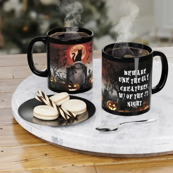 Personalized Black Cat Halloween Coffee Mug with pumpkin and spooky night scene, perfect for adding custom text, on wooden table.