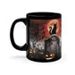 Personalized black cat Halloween coffee mug with moonlit scene, pumpkins, and spooky design, ideal for cat lovers.